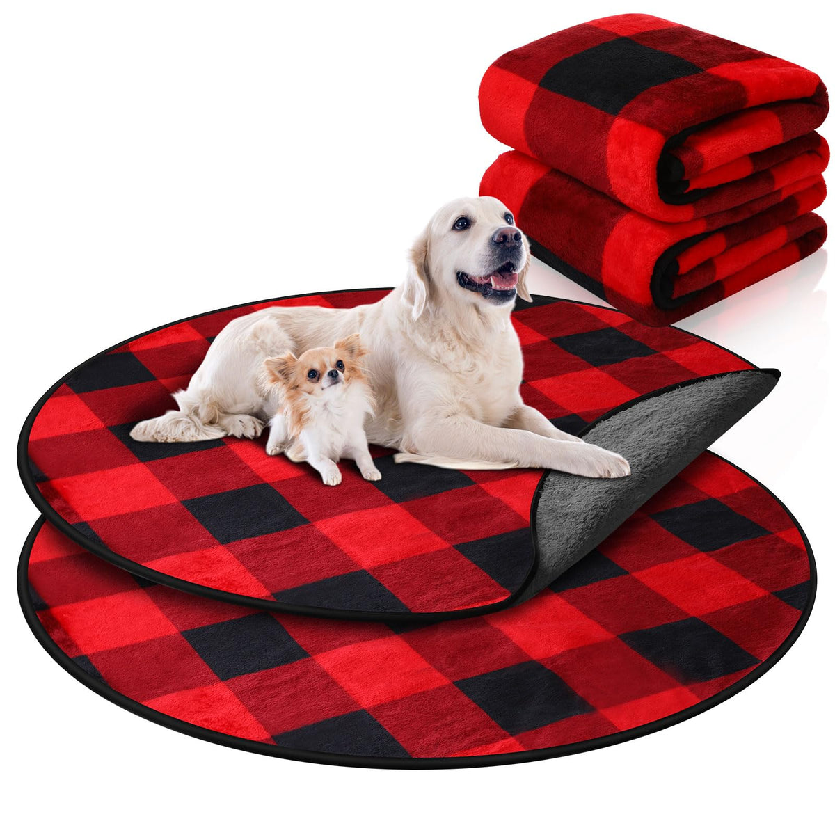 Clysee 2 Pack 36" Plush Dog Cat Blanket Buffalo Plaid Waterproof Whelping Pads Washable Round Pet Training Pee Pads for Dogs Red and Black Puppy Blanket Pad Couch Cover Protection